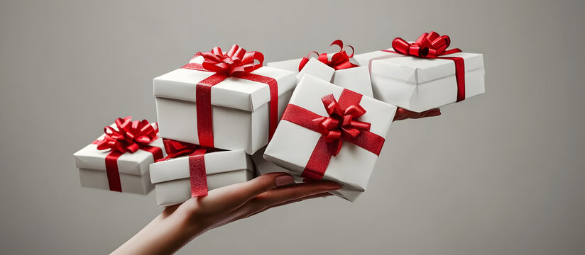 A hand holds a pile of white gift boxes tied with red ribbons evoking the spirit of gift giving and celebration ideal for special occasions with copy space image