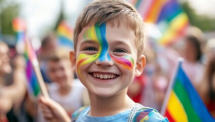 child with rainbow face paint at a pride event, surrounded by people waving flags and support for the LGBTQ+