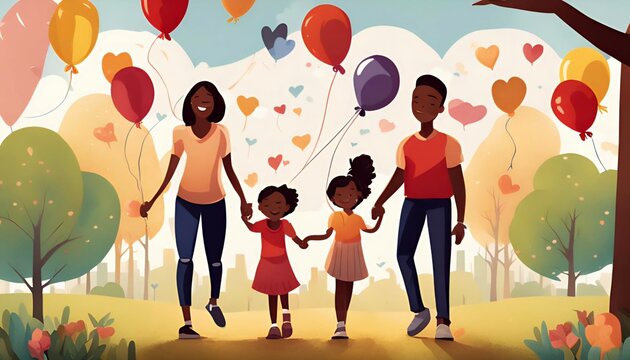 Celebrate the power of family and the joy of adoption with our vibrant illustration for National Adoption Day. A diverse group of children and parents come together in a sunny, colorful scene - Powered by Adobe