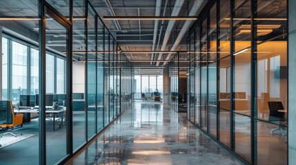 Modern office with glass walls, generative ai