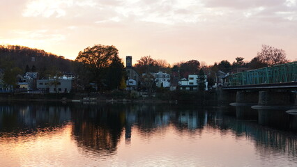 The beautiful sunset view with the colorful sky and river as background in a little USA town 