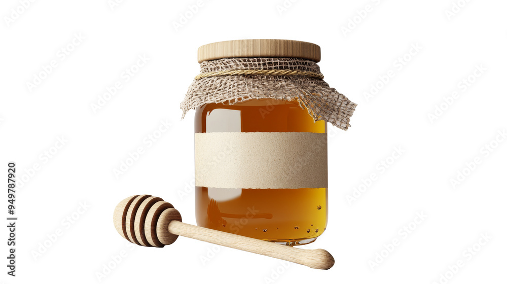 Wall mural organic honey in a glass jar with a wooden dipper, showcasing its rich, golden color, isolated on ba