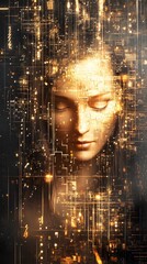 Woman's face behind digital grid.