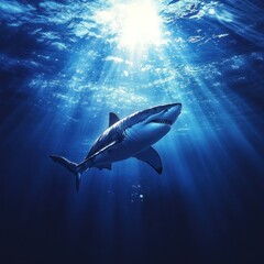 Fototapeta premium Great White Shark Swimming Upwards Towards Sunlight in Deep Blue Ocean