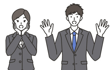 びっくりするスーツを着た男性と女性のイラスト