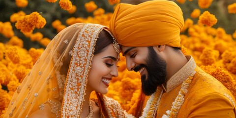 Vibrant Sikh Wedding Celebration: Traditional Punjabi Couple in Orange and Ivory Attire. Cultural Harmony and Love Spark in Elegant Minimalist Composition, Perfect for Travel Inspiration, Romance Them