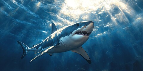 Great White Shark Swimming Through Sunlit Ocean Water