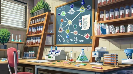 Molecular Biologist's Lab Wall: Featuring DNA structure models, cell culture plates, and a board with molecular biology research plans