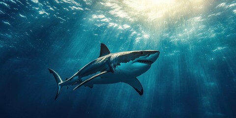 Obraz premium Great White Shark Swimming Through Sunlit Water