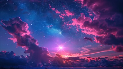 Fototapeta premium Cosmic Dreamscape: A mesmerizing blend of vibrant pink clouds and a radiant star-studded sky. The celestial canvas evokes a sense of wonder and possibility