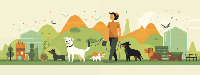 Fototapeta premium Person Walking Multiple Dogs in Park Minimalist Illustration With Mountain and Tree Backdrop