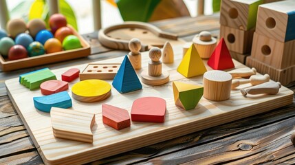 Montessori puzzle toys. Wooden geometric shapes, sorting and counting game, math preschool learning