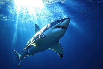 Fototapeta premium Great White Shark Swimming Towards the Surface with Sunbeams