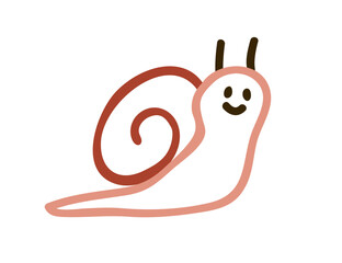 Cute snail character in doodle simple style, baby drawing. Kawaii funny animal with happy smile, childlike kids sketch. Outlined childish flat vector illustration isolated on white background