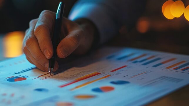 A person analyzing graphs and charts on paper with a pen, in a low-light setting with warm bokeh lights in the background.
