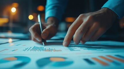 Naklejka premium A person analyzing financial charts and data with a pen, focusing on business analytics at a desk with paperwork during the evening hours.