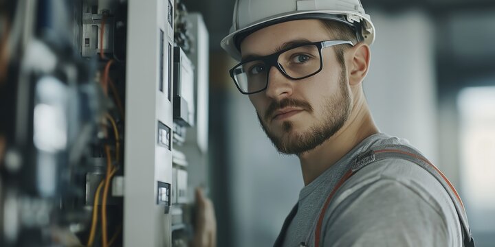 A man in a hard hat and safety glasses is looking at a panel of electrical equipment. He is wearing a grey shirt and a grey vest