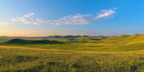 Fototapeta premium A large, open field with a clear blue sky. The sky is dotted with clouds, but they are mostly scattered and not too thick. The field is full of grass, and the sun is shining brightly, creating a warm