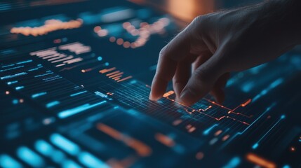 Naklejka premium A hand is typing on a backlit laptop keyboard, with a focus on the fingers, imparting a technology-driven, cyber-themed aesthetic.