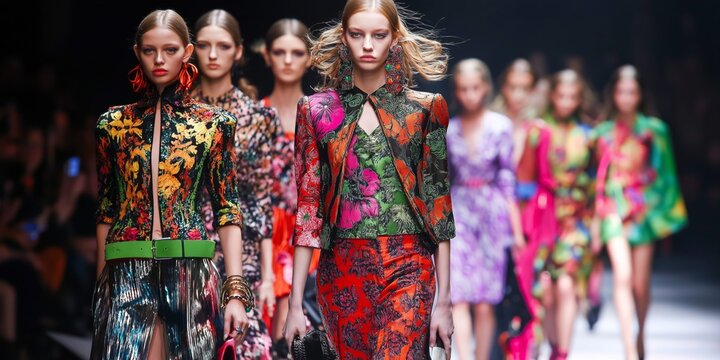 A group of women are walking down a runway wearing colorful and patterned clothing. Scene is lively and vibrant, with the women showcasing their unique and eye-catching outfits
