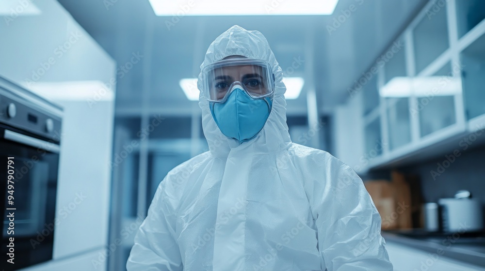 Poster a man in a white lab coat and a mask is standing in a kitchen