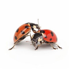 Fototapeta premium Ladybug Love Triangle: Three ladybugs huddle close, their vibrant red shells and black spots a stark contrast against the pristine white background. 