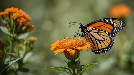 Obraz premium Orange flower with monarch butterfly, side perspective 