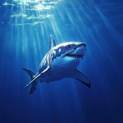 Fototapeta premium A Great White Shark Swimming Towards the Surface with Light Rays
