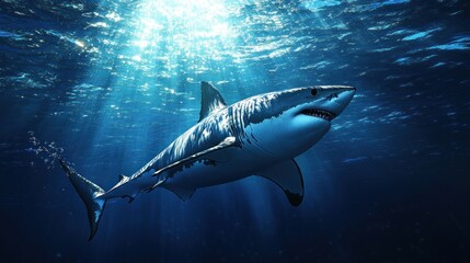 Fototapeta premium Great White Shark Swimming Underwater With Sunlight Rays