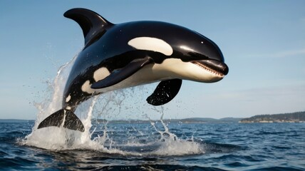 Orca whale jumping, ocean splashes, transparent background