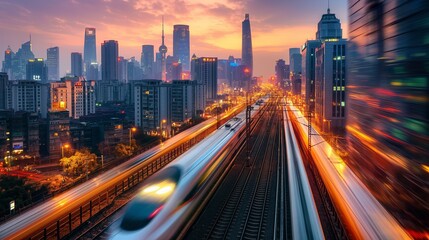 Fototapeta premium A modern high-speed train passing through the urban landscape at high speed