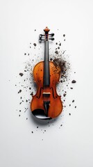 Fototapeta premium Broken violin surrounded by scattered pieces on white background