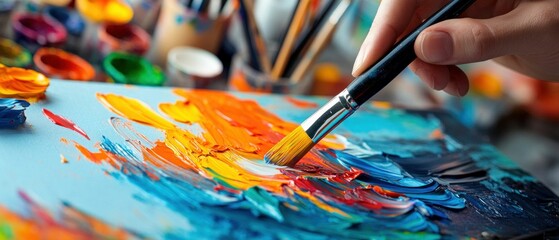Obraz premium Artists hand painting with vibrant colors on canvas