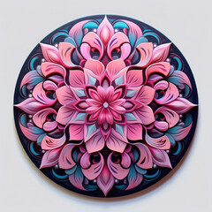A vibrant pink mandala design featuring intricate floral patterns and swirling elements in a circular arrangement