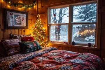 Cozy Holiday Bedroom with Festive Christmas Decorations and Snowy Outdoor View