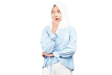 Asian hijab girl thinking about something: deep in thought: pensive girl isolated transparent