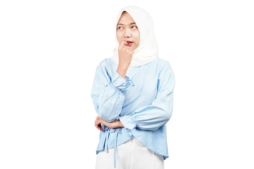 Asian hijab girl thinking about something: deep in thought: pensive girl isolated transparent