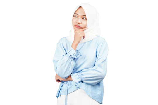Asian hijab girl thinking about something: deep in thought: pensive girl isolated transparent