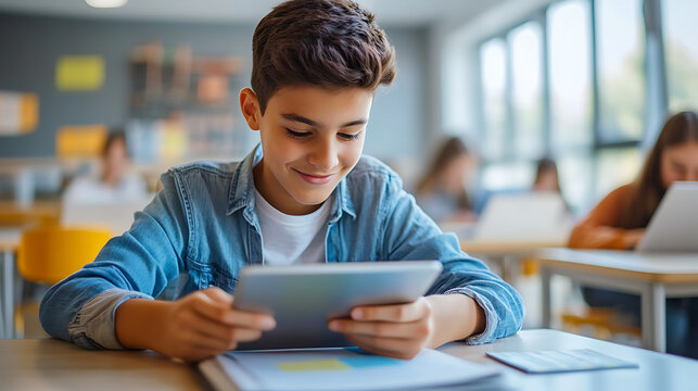 student using a tablet to study, with educational apps and notes visible on the screen, sitting at a desk with a modern classroom in the background