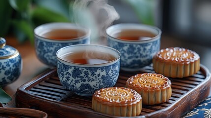 Delicate blue and white tea cups contain steaming tea beside beautifully crafted mooncakes on a wooden tray, creating a warm, inviting atmosphere.