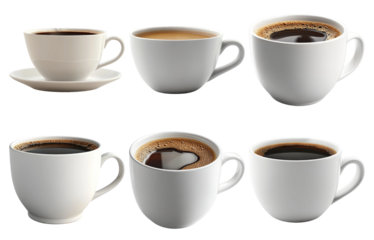 Different coffee cups with filled black coffee isolated on transparent background