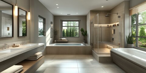 Modern bathroom with bathtub, shower, and double sinks.