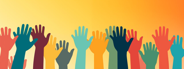 Raised Hands In Colorful Silhouettes Against A Yellow To Orange Gradient Background