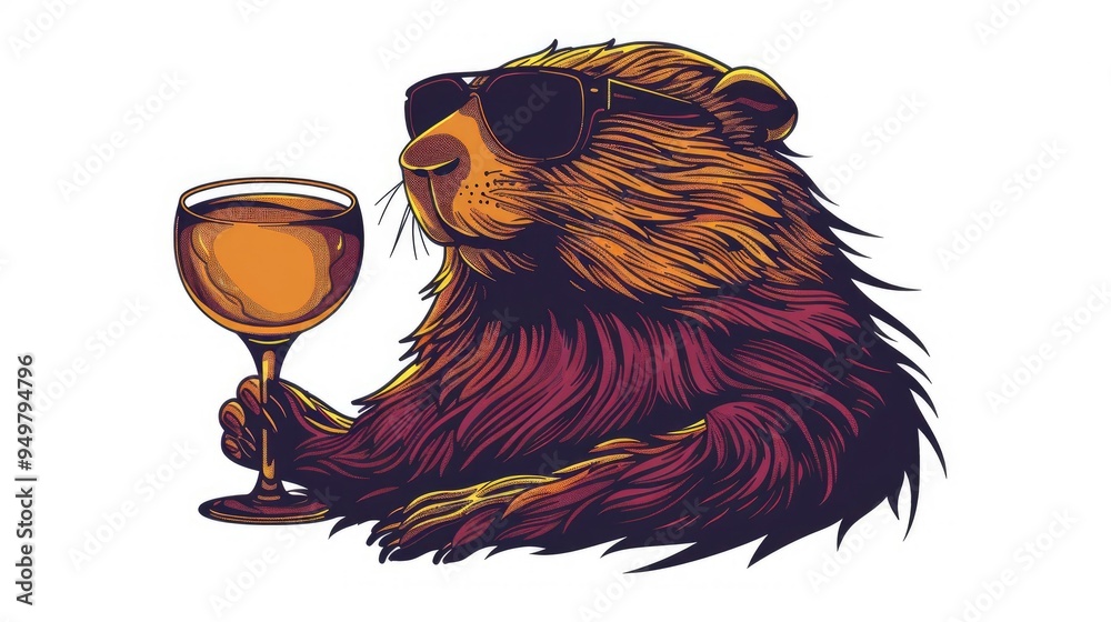 Sticker a full-body groundhog wearing sunglasses and holding a drinking glass