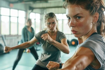 Obraz premium Women Empowered Through Self-Defense Training with Certified Instructor in Modern Gym Setting