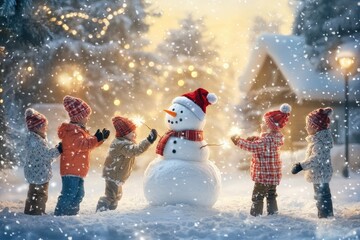 Snowy Christmas background with children building a snowman in a winter wonderland