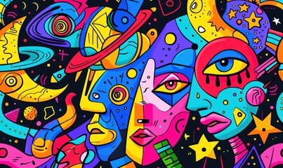 Obraz premium Abstract Faces and Celestial Elements