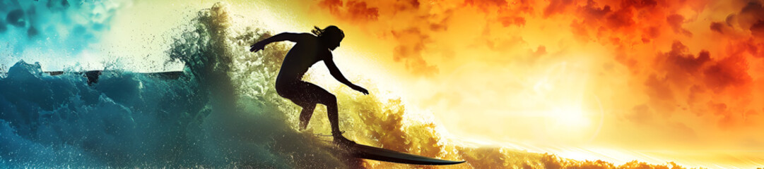 Naklejka premium A surfer riding a wave with the sun setting behind him, surfer riding wave, sunset surfing, wave rider, sun setting surf, surfer and sunset, surfing silhouette 