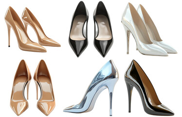 Collection of high-heeled shoes in various colors and styles isolated on transparent background