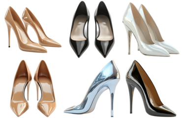 Collection of high-heeled shoes in various colors and styles isolated on transparent background
